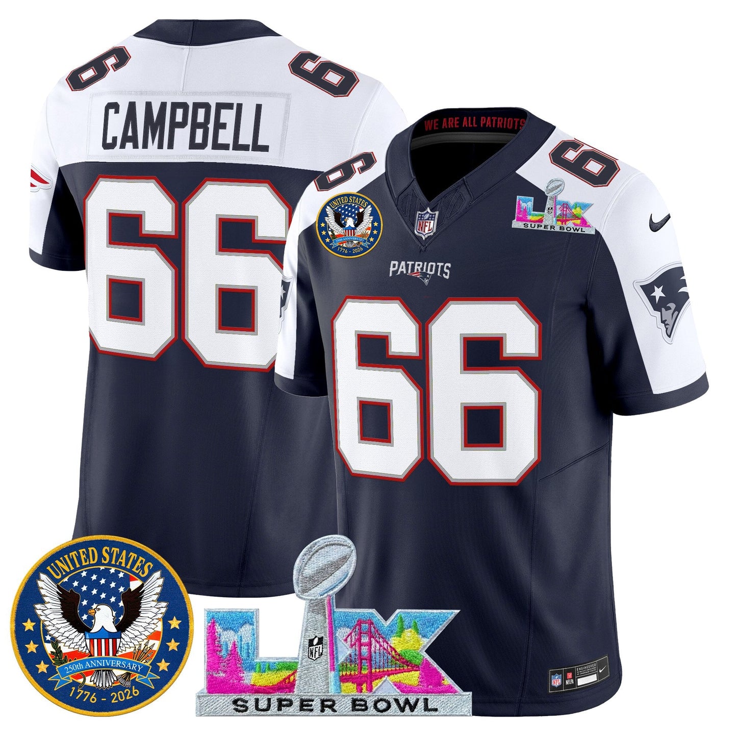 Men's New England Patriots "Super Bowl LX & United States 250th Patch" Vapor Limited Jersey - All Stitched