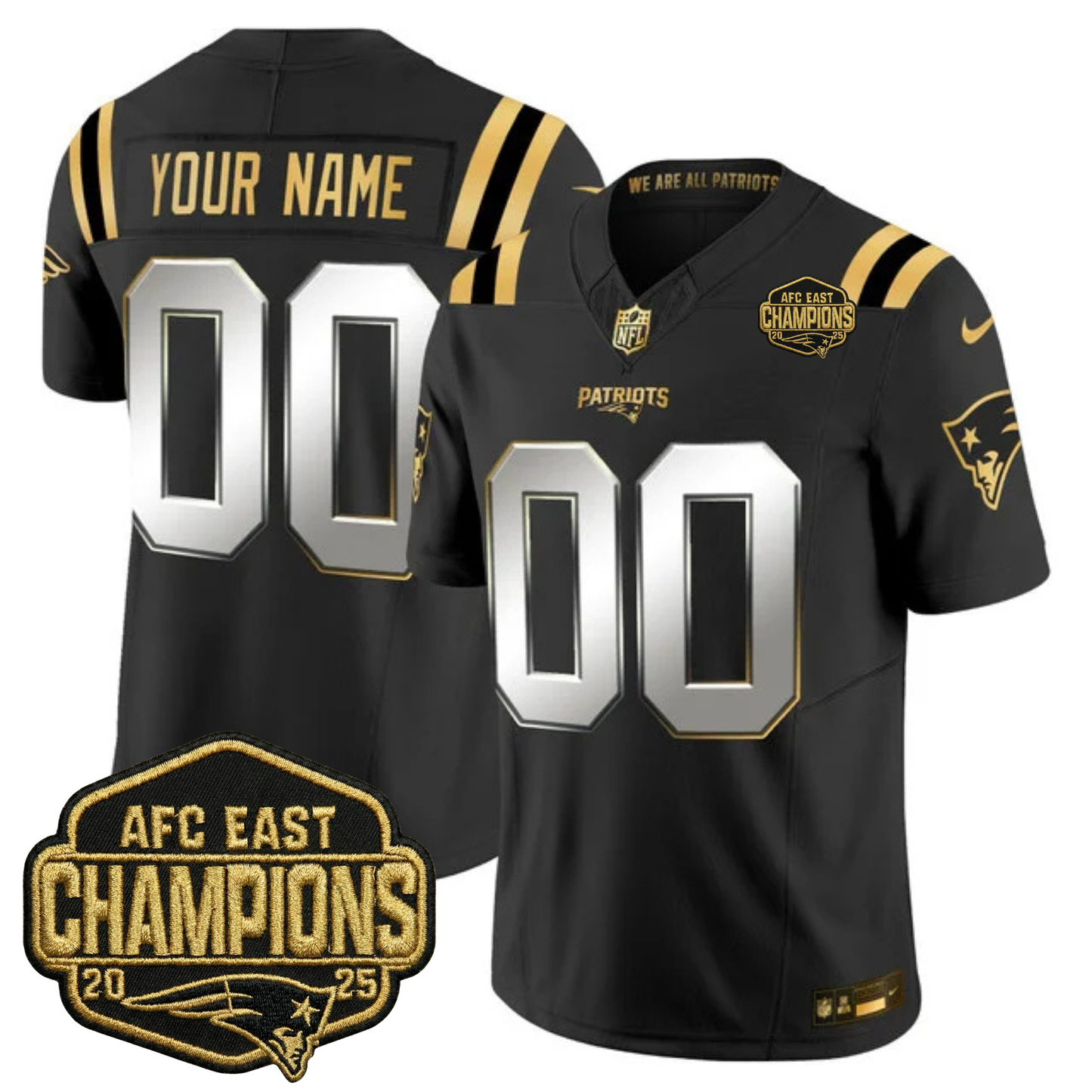 NE 2025 AFC East Champions Gold Vapor Limited Custom Jersey - All Stitched