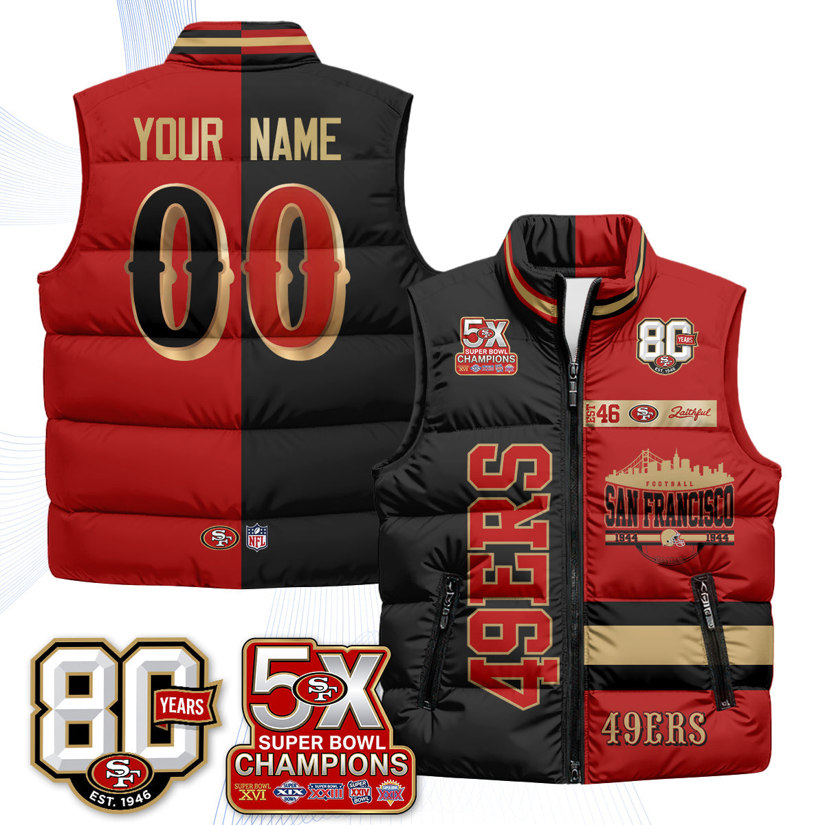 SF Faithful to The Bay Custom Puffer Vest - Printed