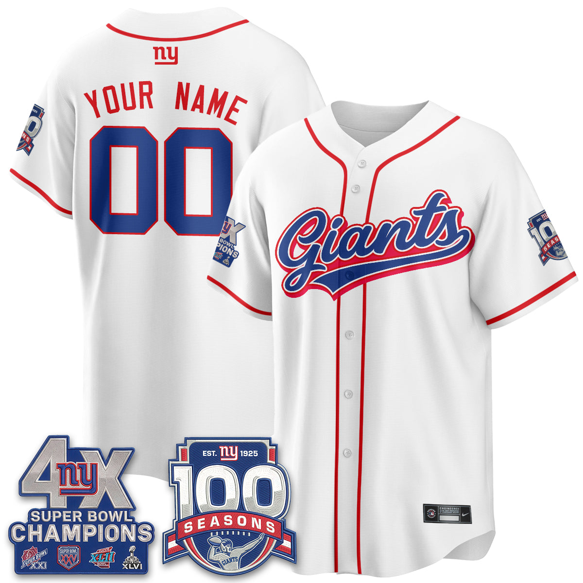 NYG 4X Champs & 100 Anniversary Vapor Baseball Custom Jersey - Stitched