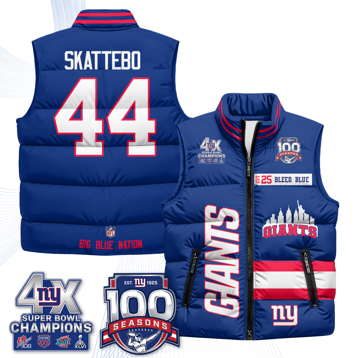 NYG 4X Champs S.Bowl Red Puffer Vest - Printed