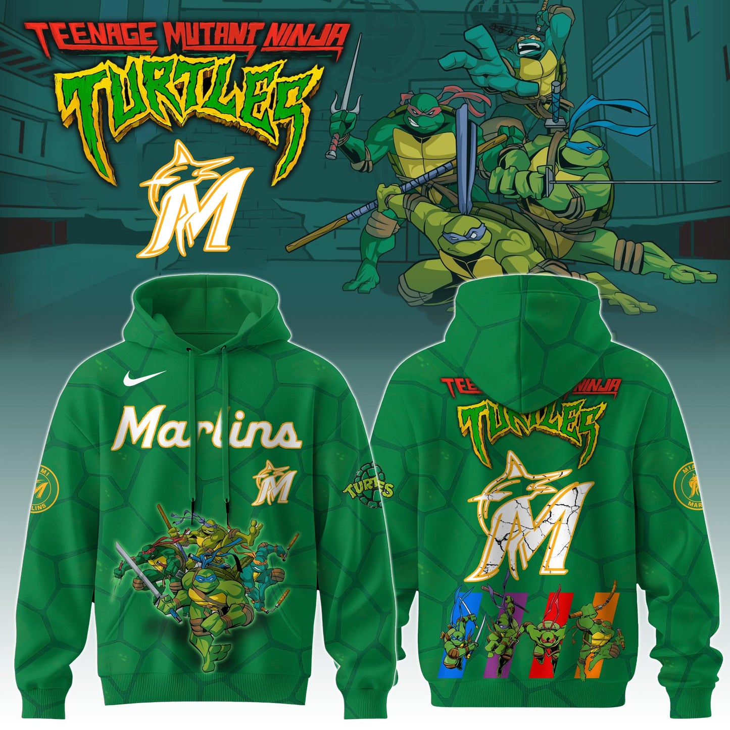 . Miami Marlins MLB x Ninja Turtles Special Edition Hoodie 2025