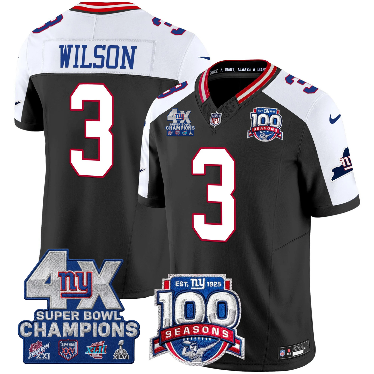 New York Giants 4X Champions & 100th Season Patch Vapor Limited Jersey - All Stitched