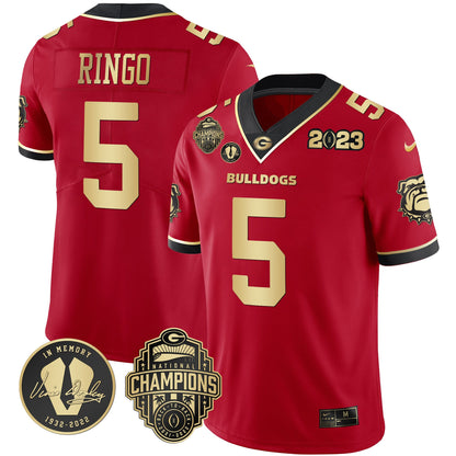 Men's Georgia Bulldogs 2023 Champions & Vince Dooley Patch Gold Jersey - All Stitched