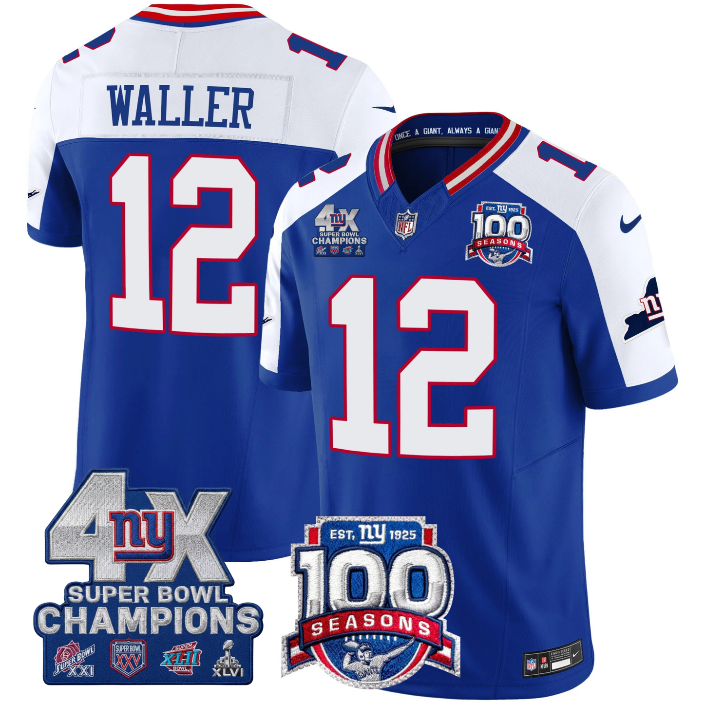 New York Giants 4X Champions & 100th Season Patch Vapor Limited Jersey - All Stitched