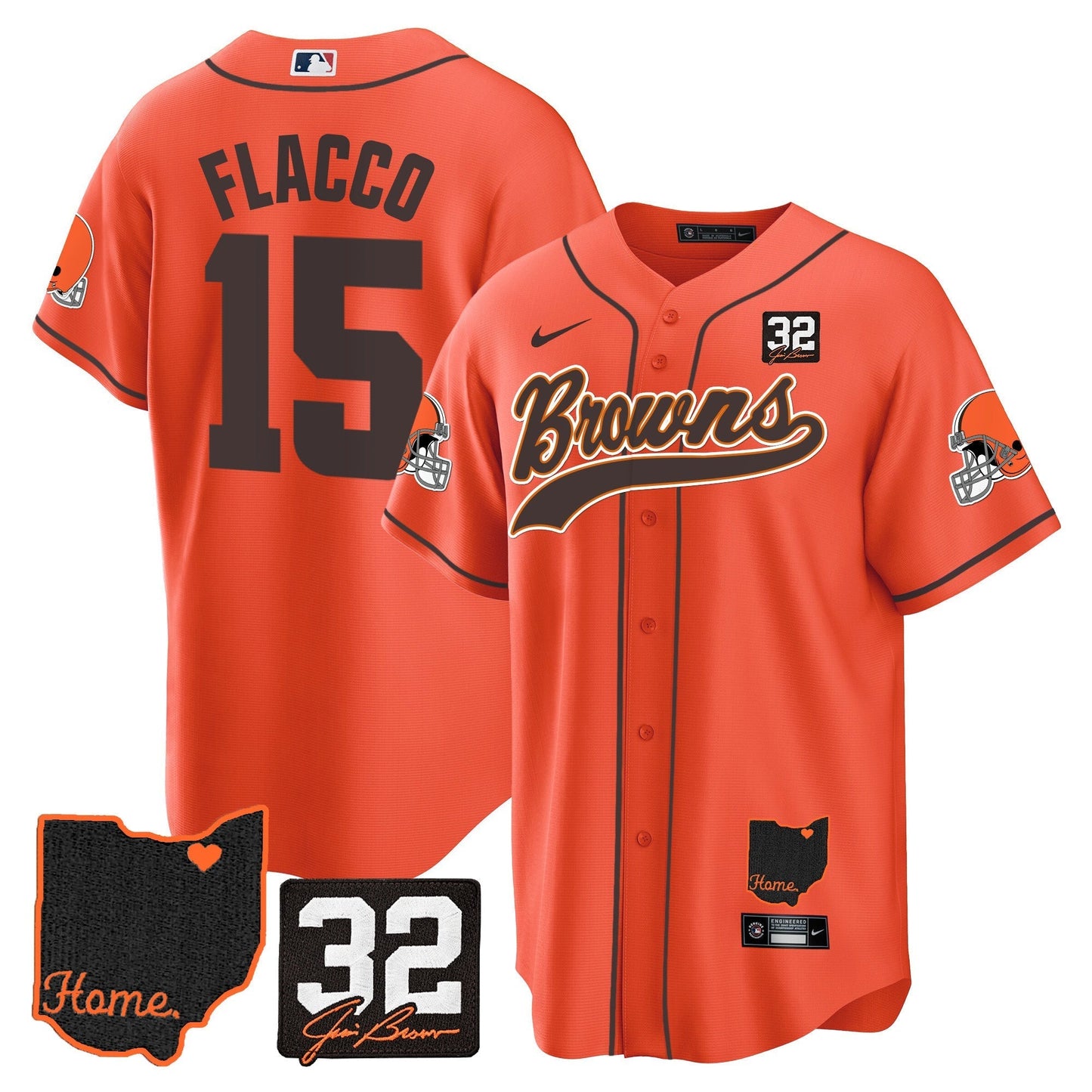 Men's Browns #32 Jim Brown Memorial & Home Patch Baseball Jersey V2 - All Stitched