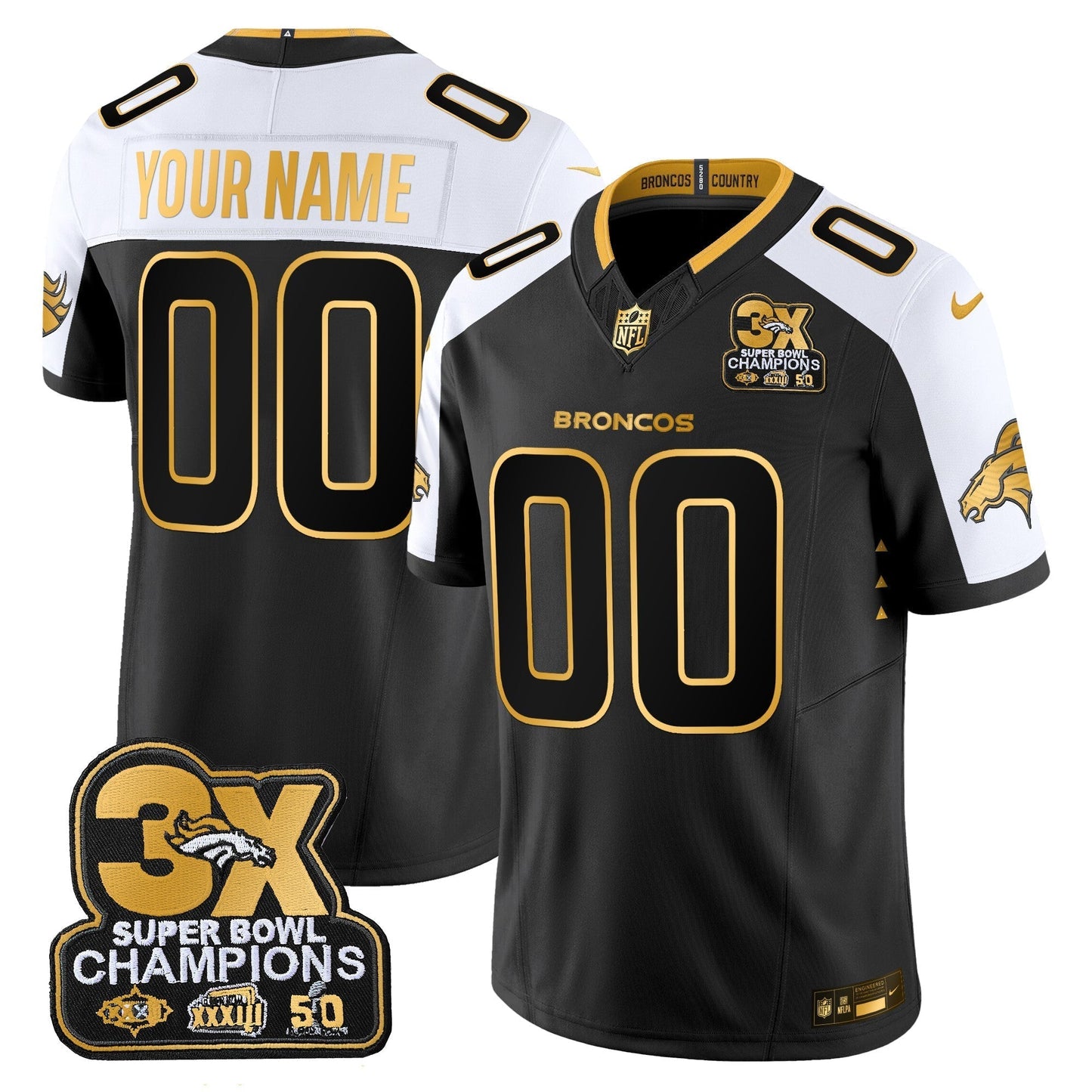DEN 3-Time Champions Patch Gold Vapor Limited Custom Jersey - All Stitched