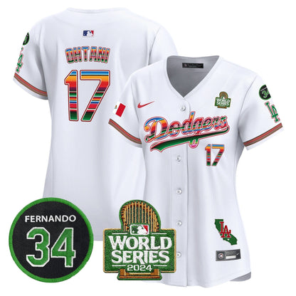 Women's Dodgers Mexico Fernando Memorial & 2024 World Series Patch Vapor Premier Limited Jersey V2 - All Stitched