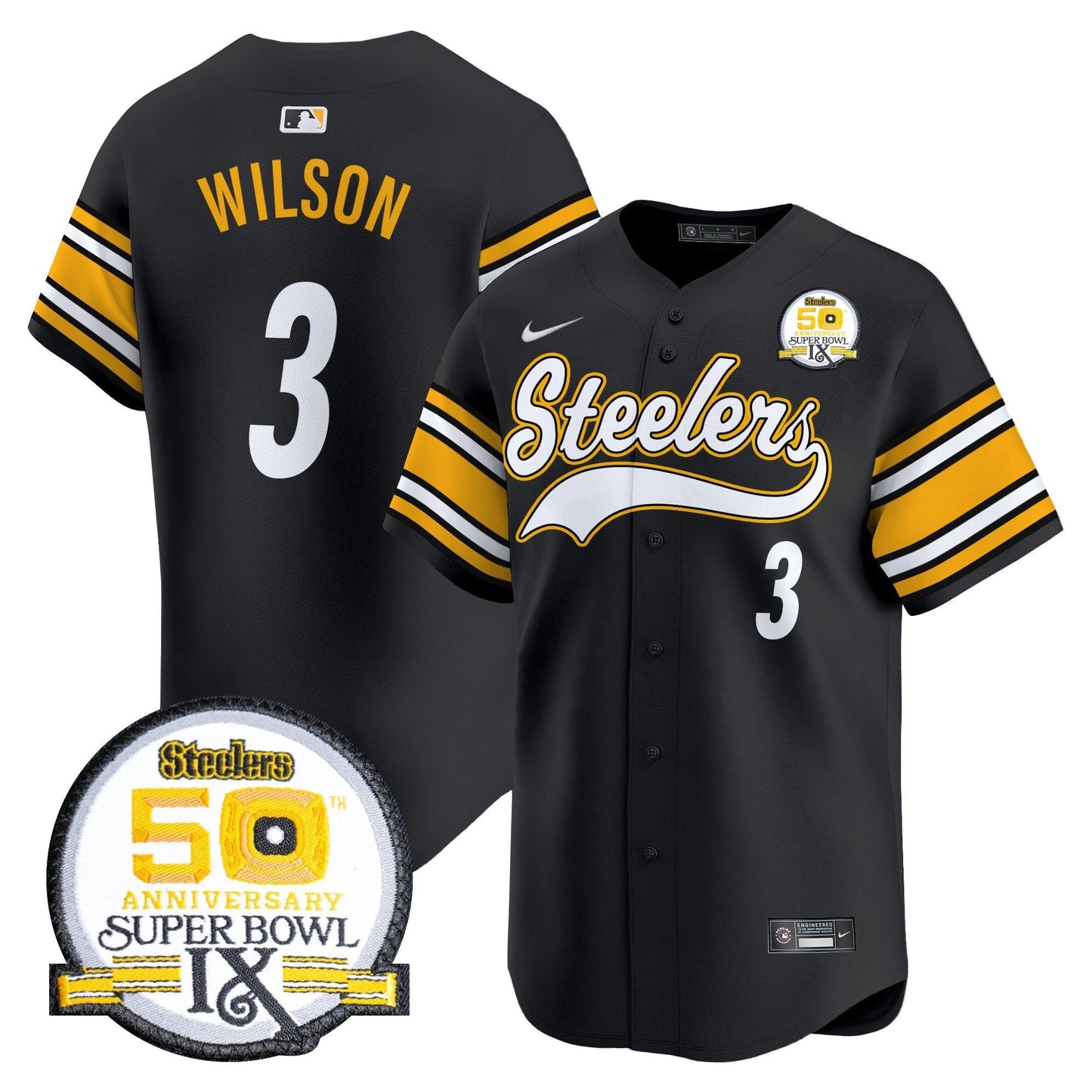Steelers 50th Anniversary Of Super Bowl IX Patch Vapor Premier Baseball Jersey - All Stitched