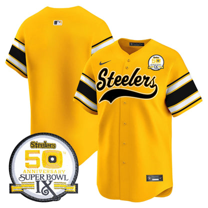 Steelers 50th Anniversary Of Super Bowl IX Patch Vapor Premier Baseball Jersey - All Stitched