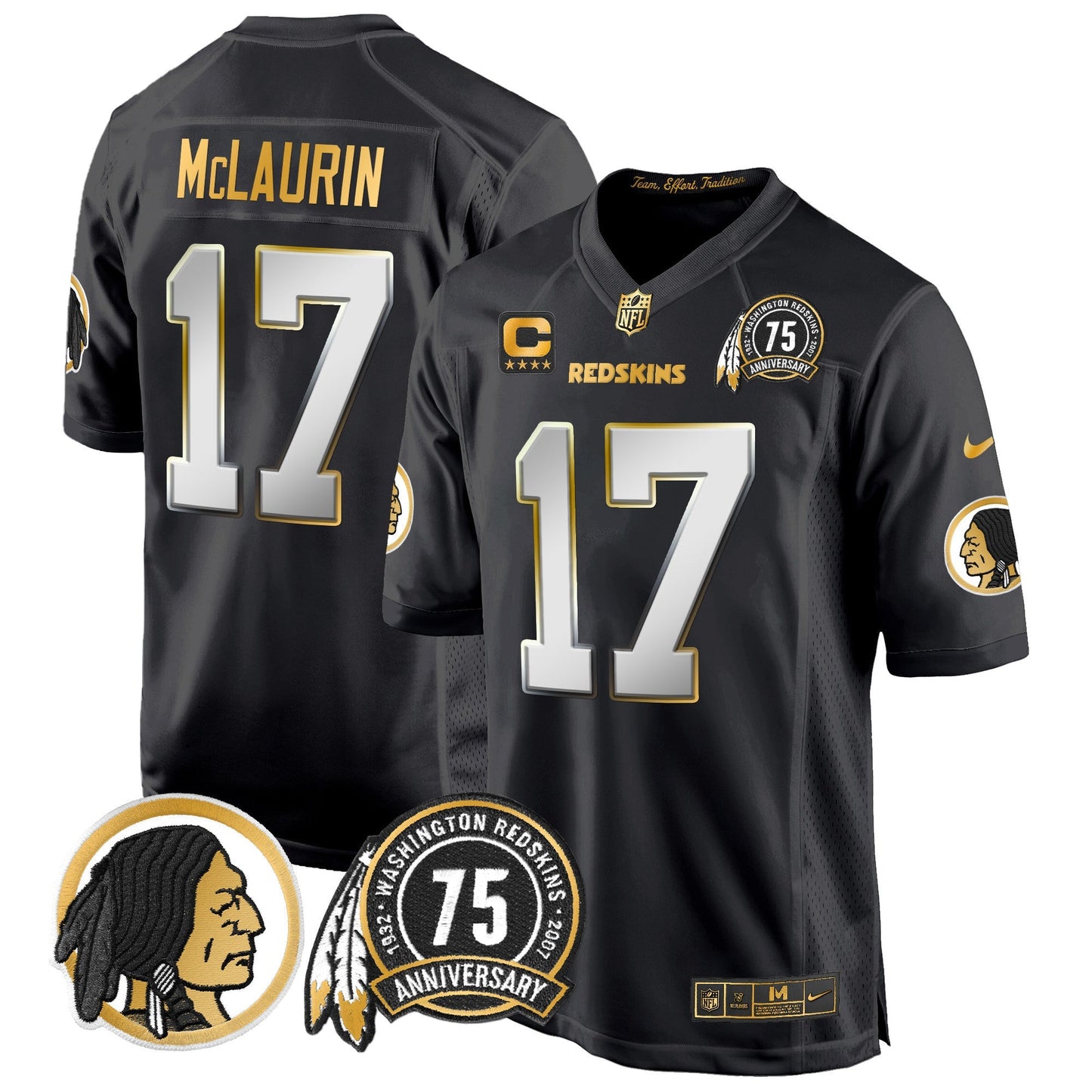 Men's Washington Redskins 75th Patch Throwback Gold Game Jersey - All Stitched
