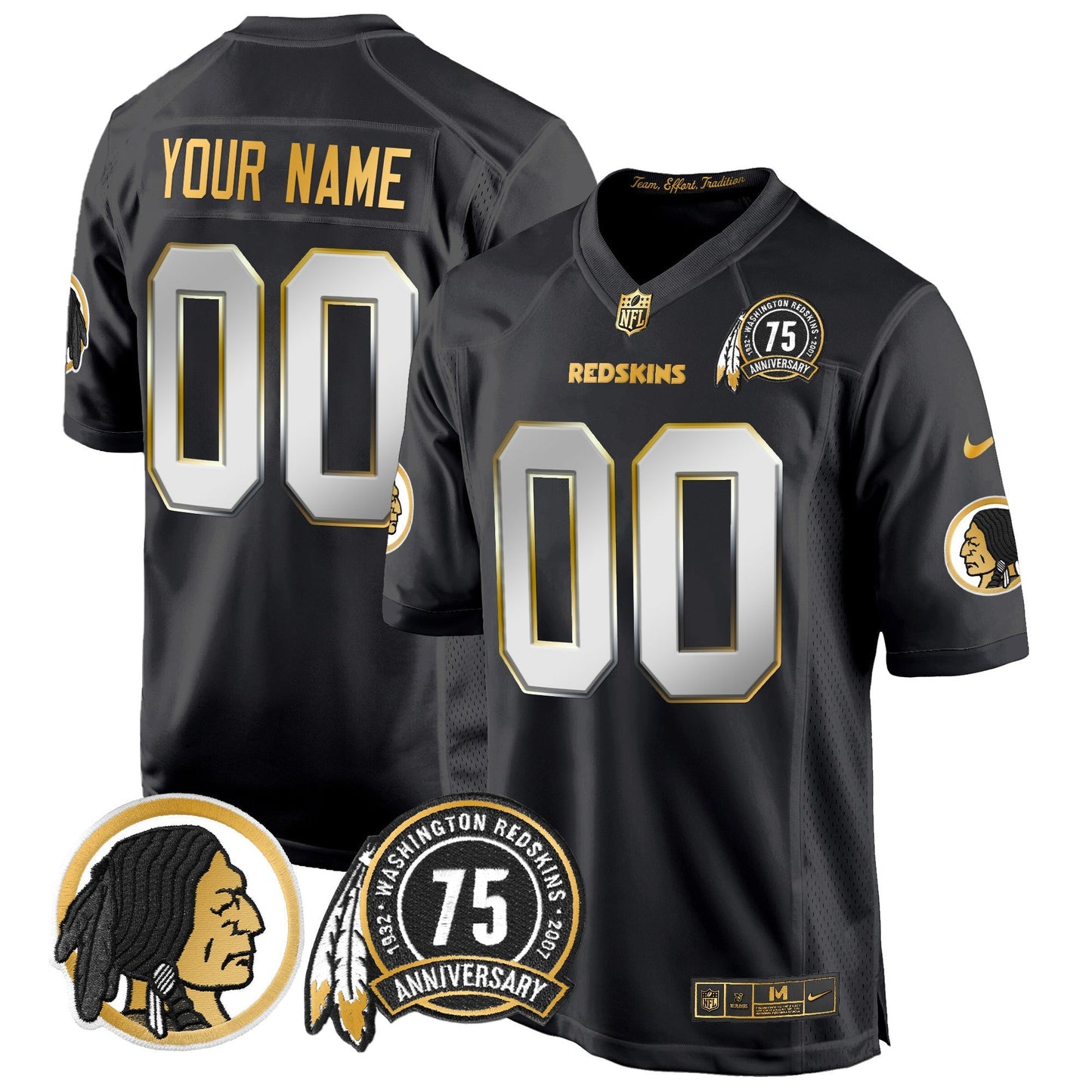 Washington Redskins 75th Patch Throwback Gold Game Custom Jersey - All Stitched