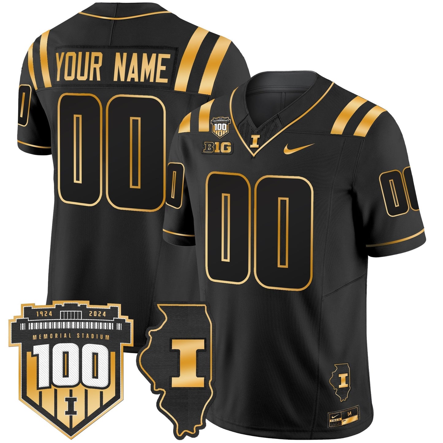 ILL 100th Memorial Stadium Patch Gold Vapor Limited Custom Jersey - All Stitched