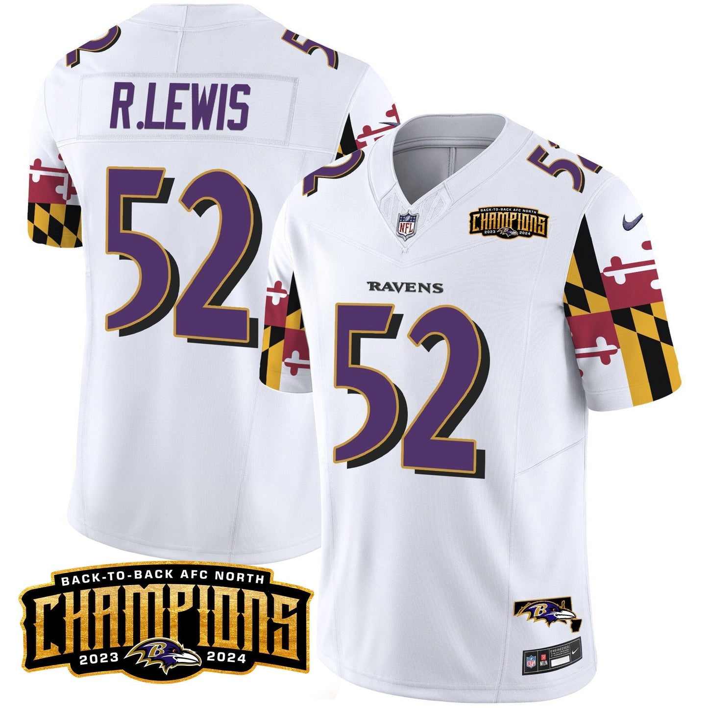 Ravens Maryland Flag Back To Back AFC North Champions Patch Vapor Limited Jersey - All Stitched