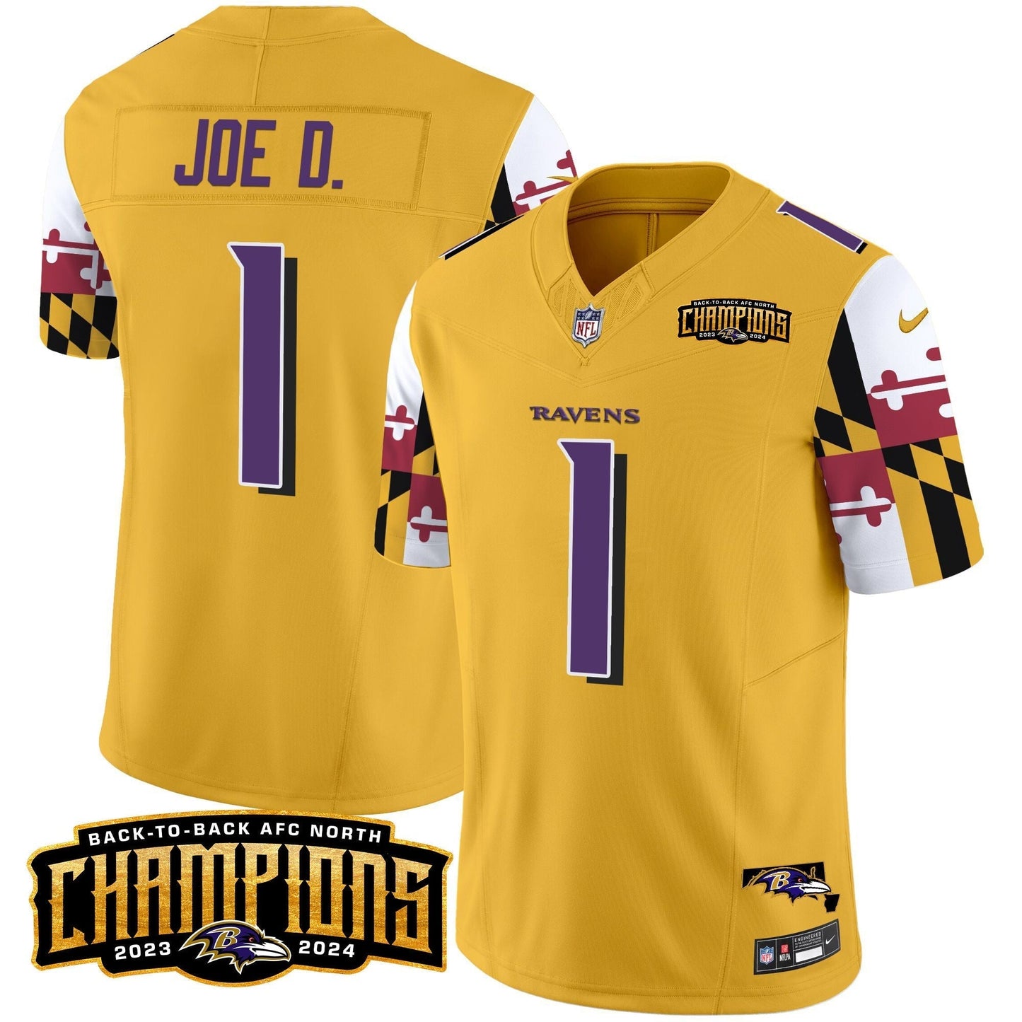 Ravens Maryland Flag Back To Back AFC North Champions Patch Vapor Limited Jersey - All Stitched