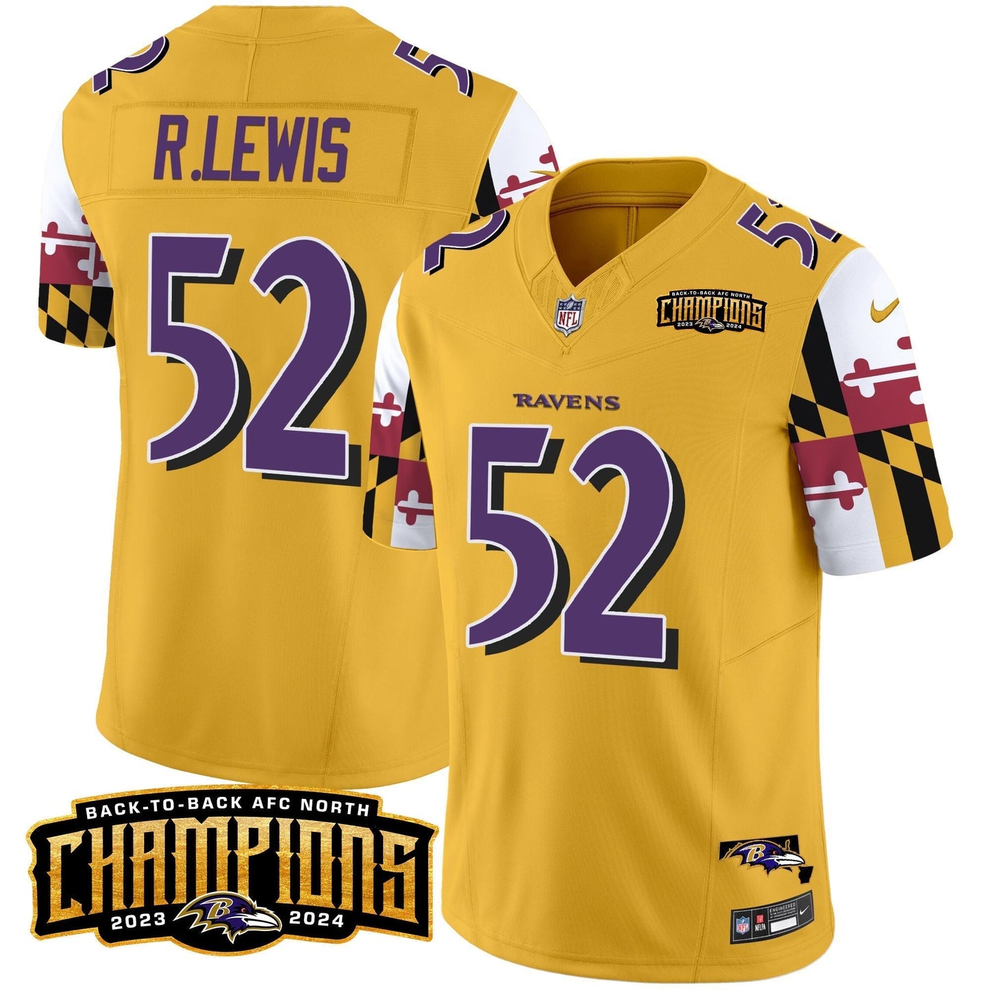 Ravens Maryland Flag Back To Back AFC North Champions Patch Vapor Limited Jersey - All Stitched