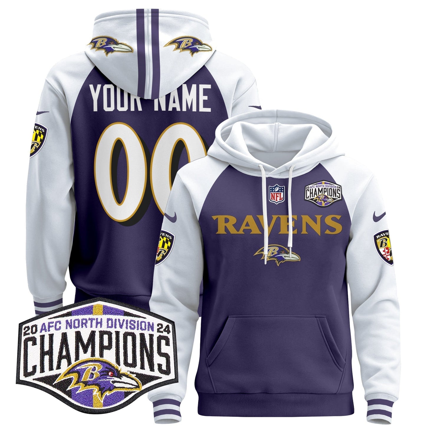 BAL 2024 AFC North Division Champions Patch Custom Pullover Hoodie - All Stitched