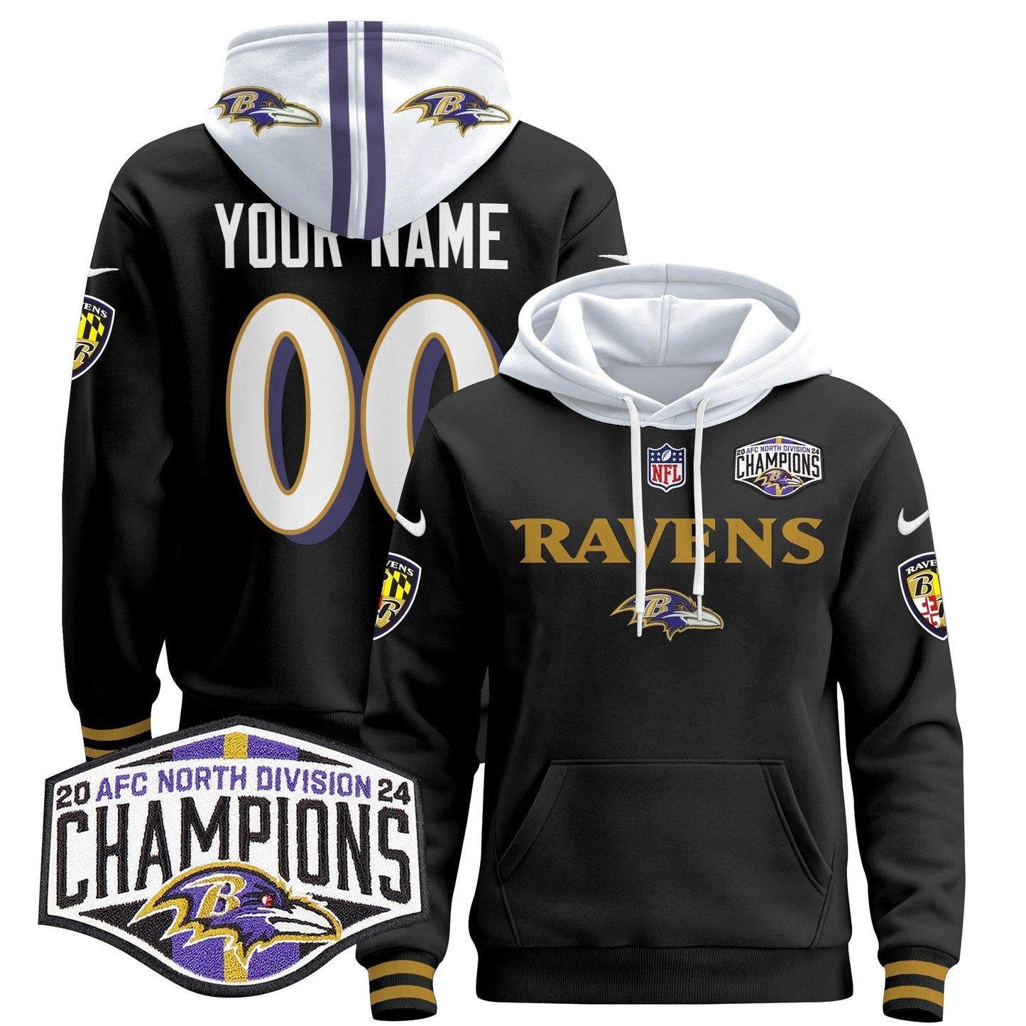 BAL 2024 AFC North Division Champions Patch Custom Pullover Hoodie - All Stitched
