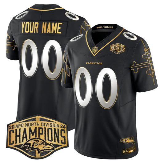 Ravens Maryland Flag Map 2024 AFC North Division Champions Patch Gold Vapor Limited Custom Jersey - Stitched