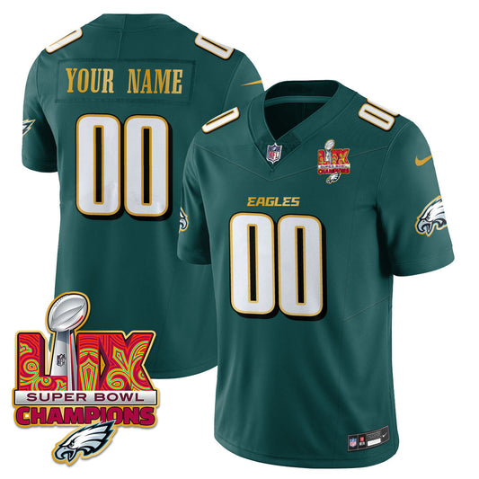 Custom Name/Gender PHI Super Bowl LIX Champions Gold Trim Vapor Limited Jersey - Stitched