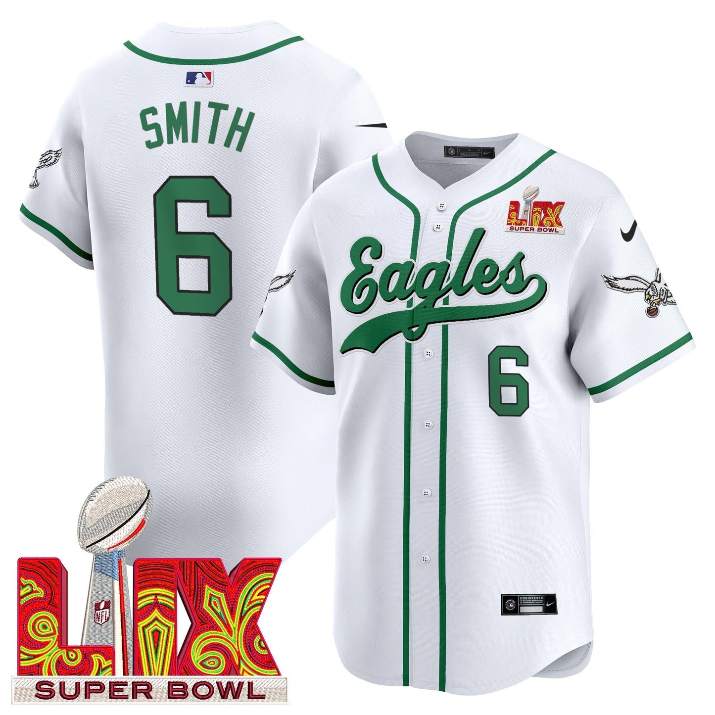 PHI Midnight Green Super Bowl LIX Vapor Baseball Jersey - All Stitched