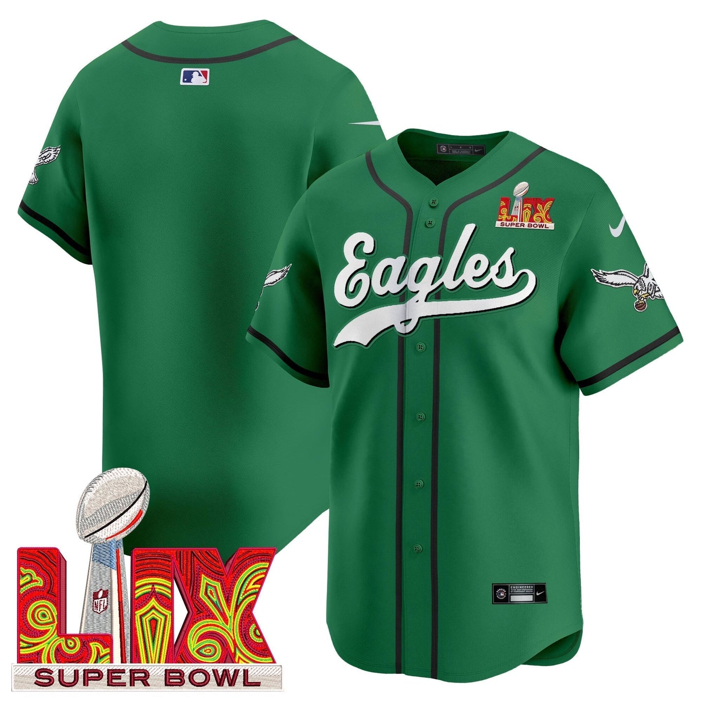 PHI Midnight Green Super Bowl LIX Vapor Baseball Jersey - All Stitched
