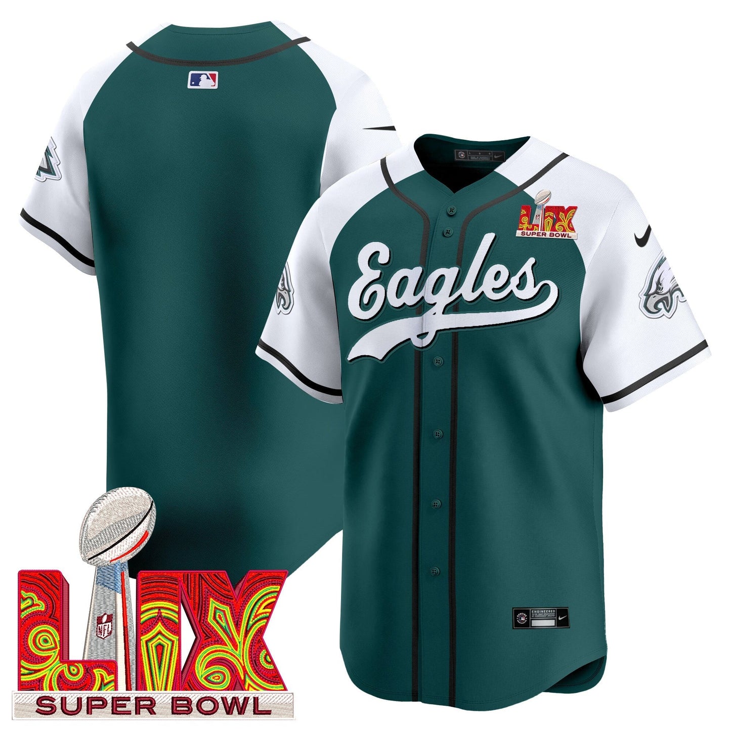 Men's Philadelphia Eagles Midnight Green Super Bowl LIX Vapor Baseball Jersey - All Stitched