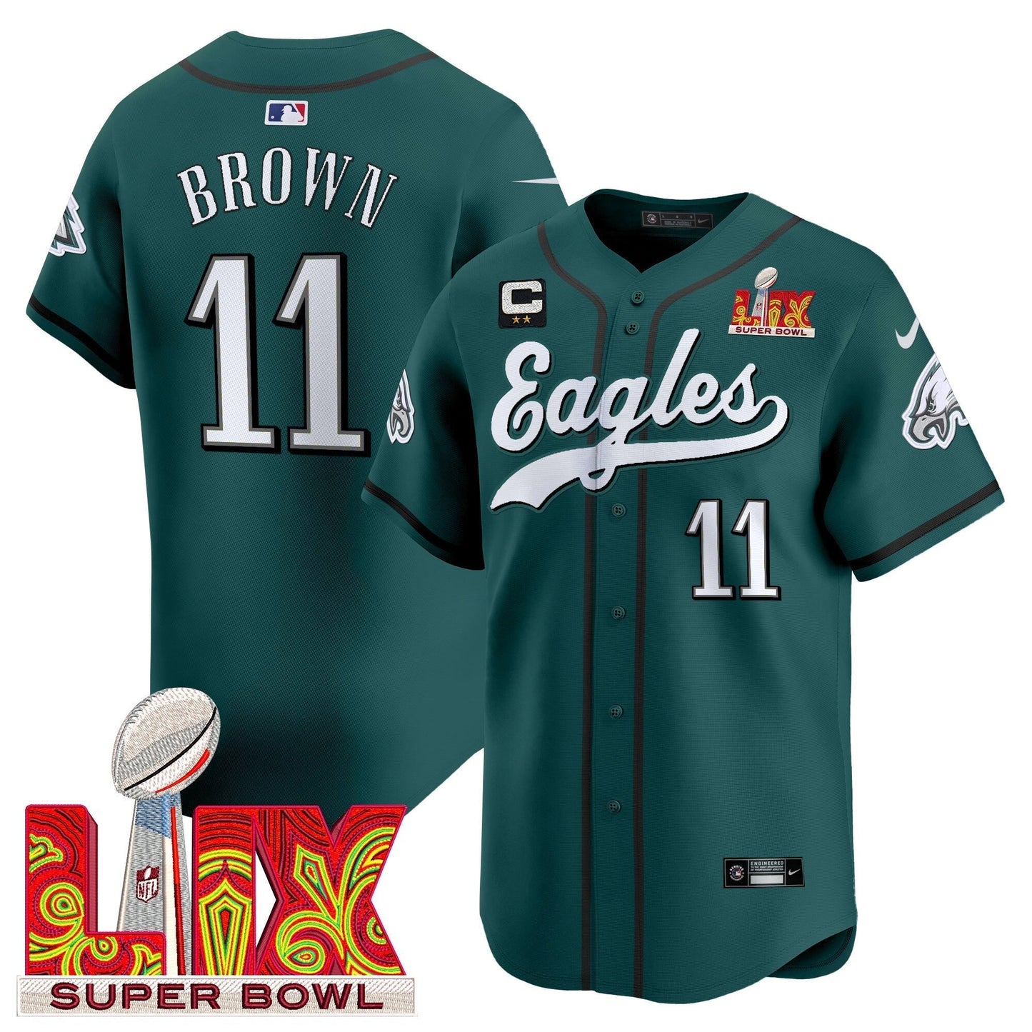 PHI Midnight Green Super Bowl LIX Vapor Baseball Jersey - All Stitched