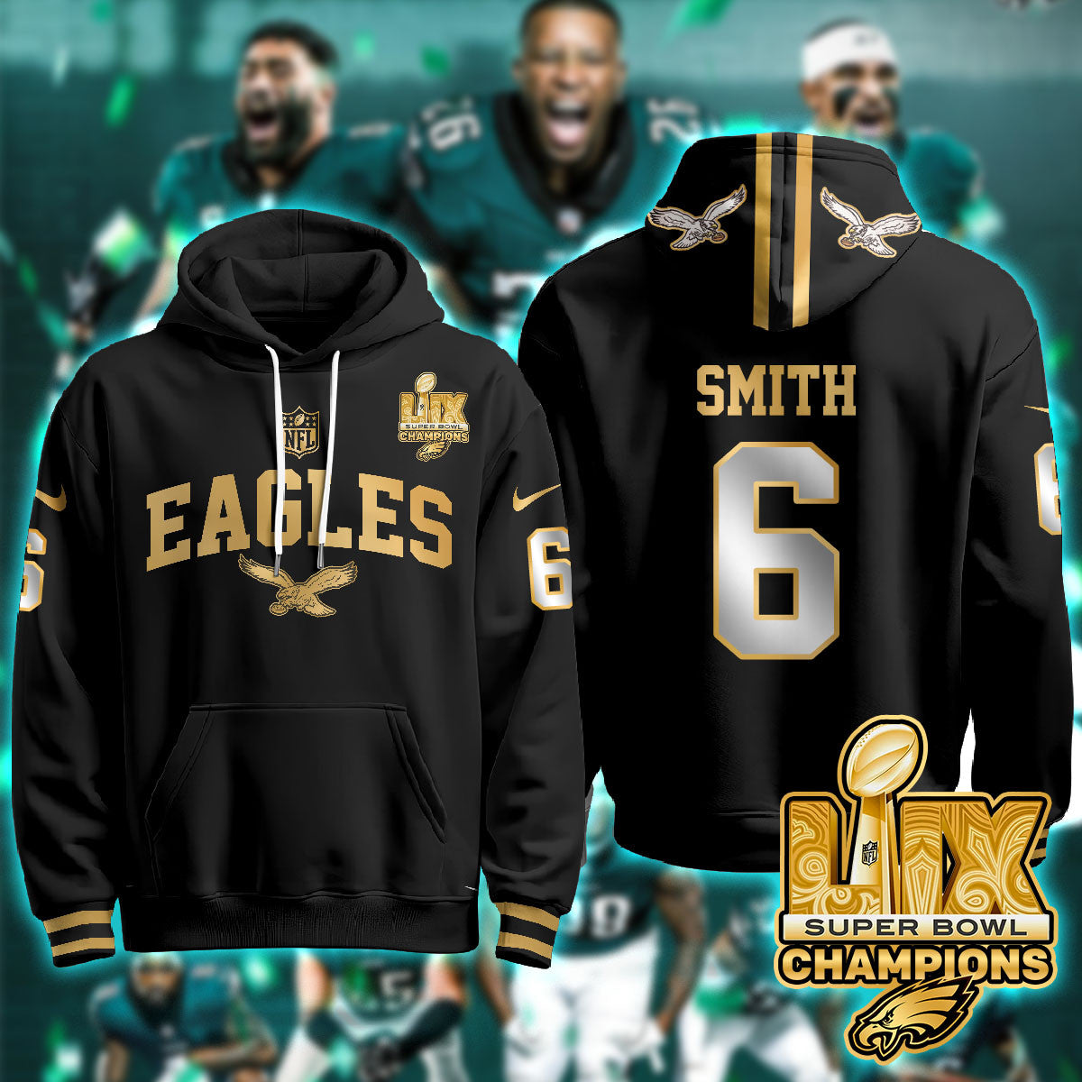 PHI Super Bowl LIX Champions Gold Hoodie N2R - All Stitched