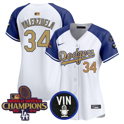 Women's Dodgers 2025 Vin Scully & #34 Fernando Patch Gold Vapor Premier Limited Jersey - All Stitched