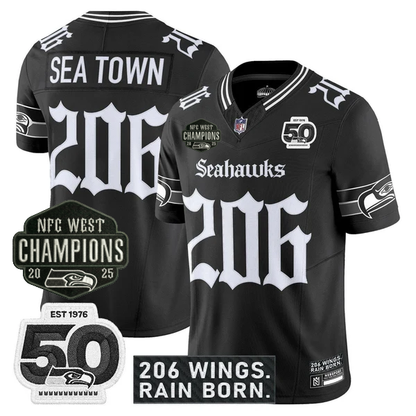 SEA 2026 NFC West Champions 'Gothic Rain City Shadows Edition' Jersey - 50th Anniversary Patch - All Stitched
