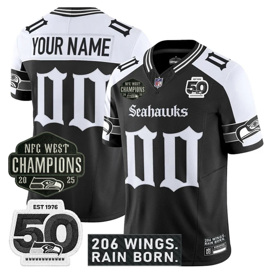 Custom SEA 2026 NFC West Champions 'Gothic Rain City Shadows Edition' Jersey - 50th Anniversary Patch - Stitched