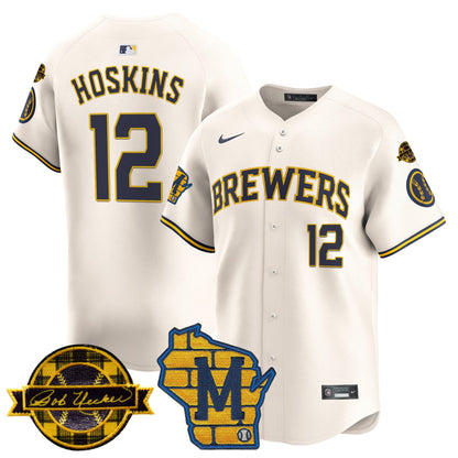 Men's Milwaukee Brewers Home & Bob Uecker Patch Vapor Premier Limited Jersey - All Stitched