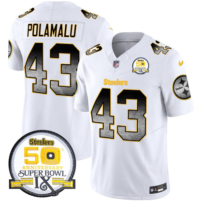 Men's Steelers Arch Smoke 50th Anniversary Of Super Bowl IX Patch Vapor Limited Jersey - All Stitched