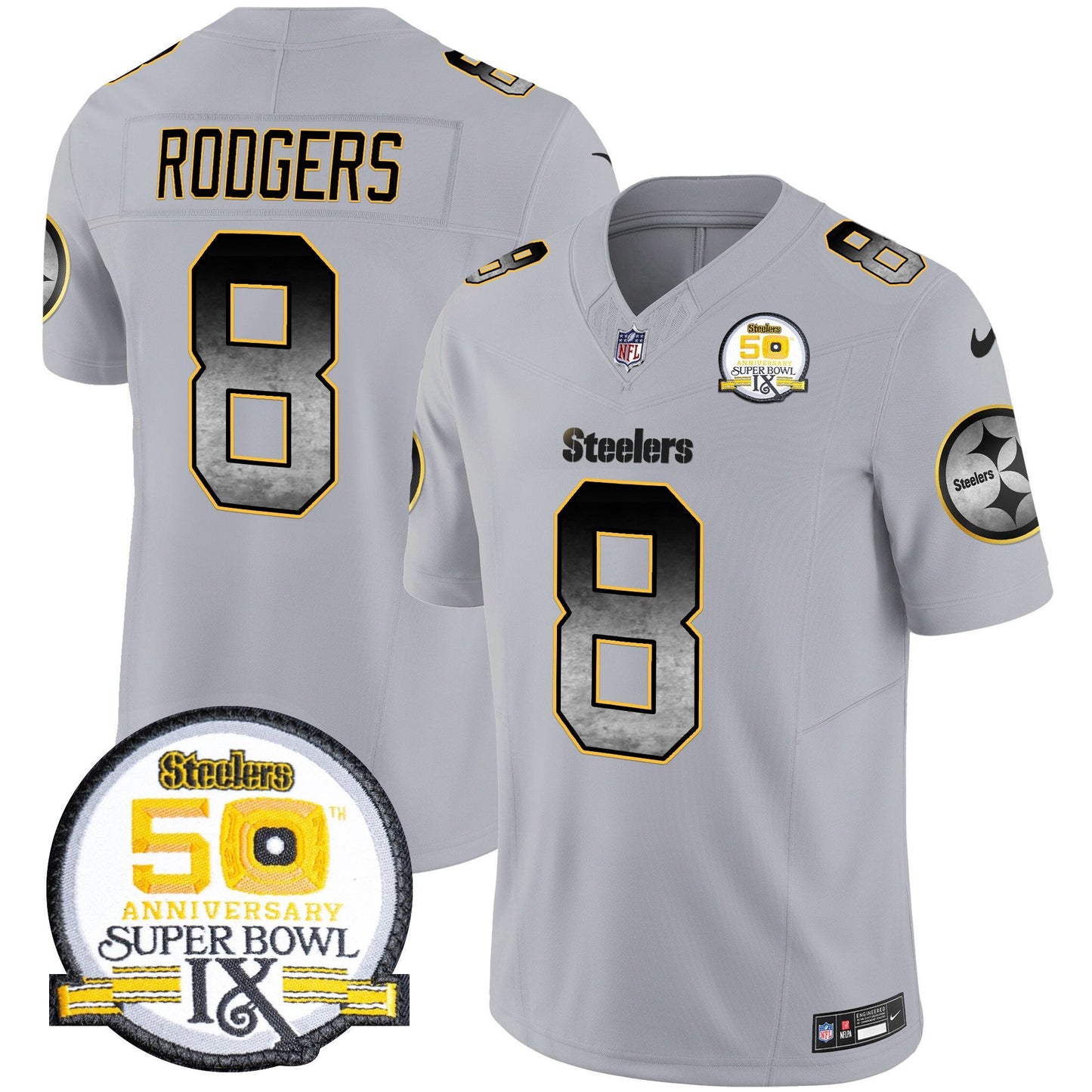 Men's Steelers Arch Smoke 50th Anniversary Of Super Bowl IX Patch Vapor Limited Jersey - All Stitched