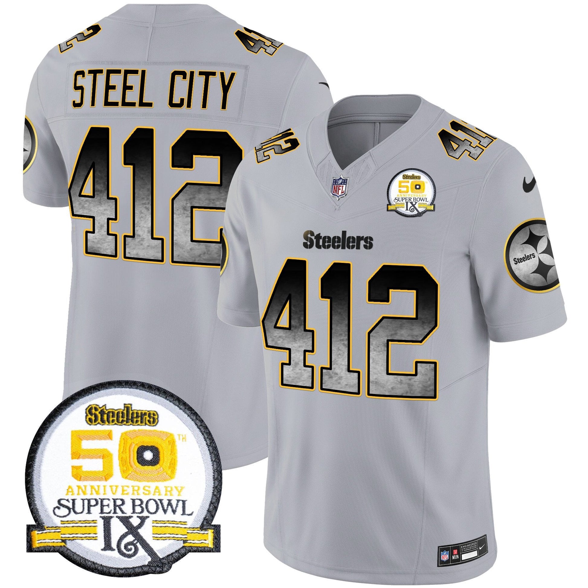 Men's Steelers Arch Smoke 50th Anniversary Of Super Bowl IX Patch Vapor Limited Jersey - All Stitched