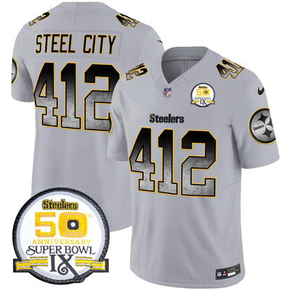 Men's Steelers Arch Smoke 50th Anniversary Of Super Bowl IX Patch Vapor Limited Jersey - All Stitched