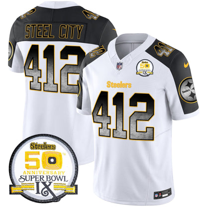 Men's Steelers Arch Smoke 50th Anniversary Of Super Bowl IX Patch Vapor Limited Jersey - All Stitched