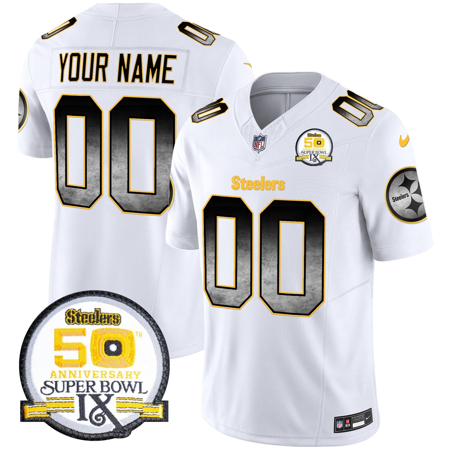 Steelers Arch Smoke 50th Anniversary Of Super Bowl IX Patch Vapor Limited Custom Jersey - All Stitched