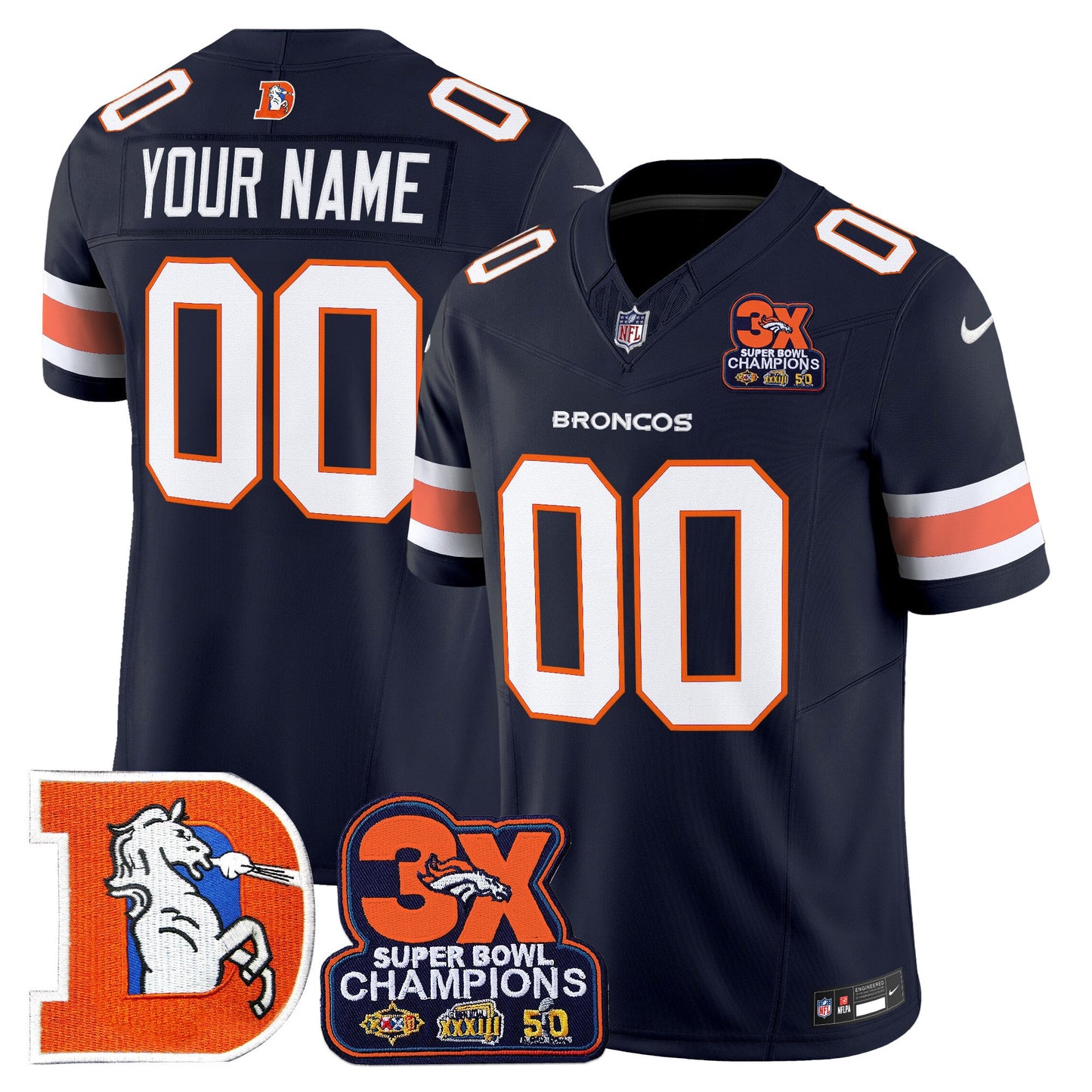 Denver Broncos Throwback Vapor Limited Custom Jersey - 3-Time Champions Patch - All Stitched