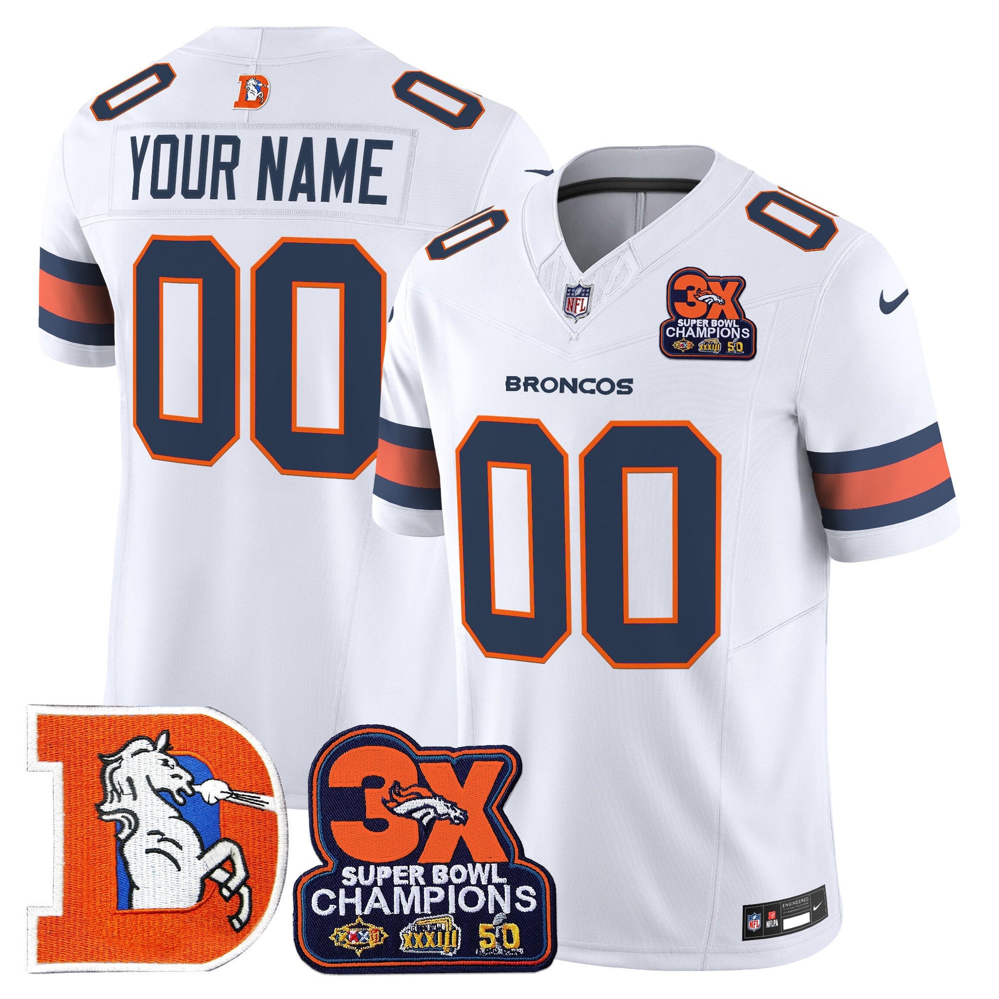 Denver Broncos Throwback Vapor Limited Custom Jersey - 3-Time Champions Patch - All Stitched