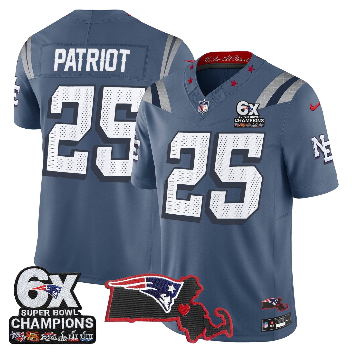 Men's New England Patriots 6-Time Champions & Massachusetts Patch Vapor Limited Jersey - All Stitched