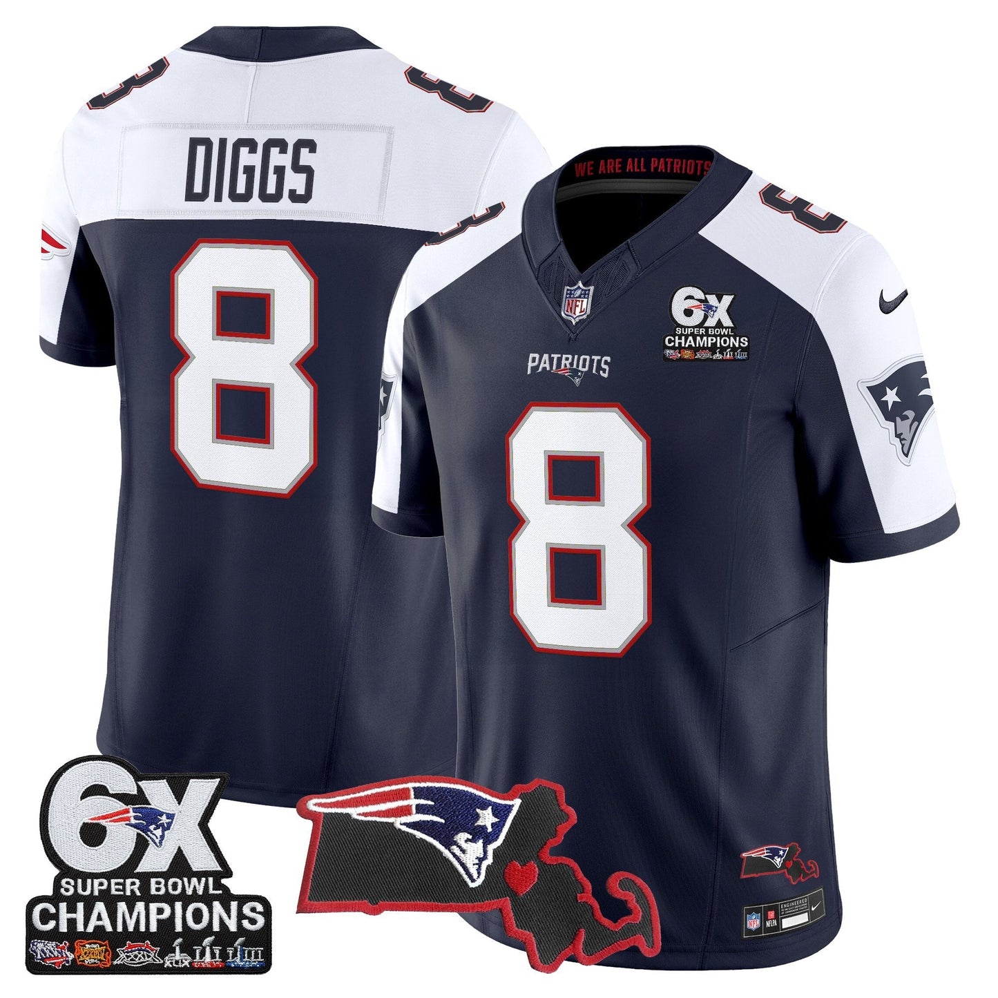 Men's New England Patriots 6-Time Champions & Massachusetts Patch Vapor Limited Jersey - All Stitched