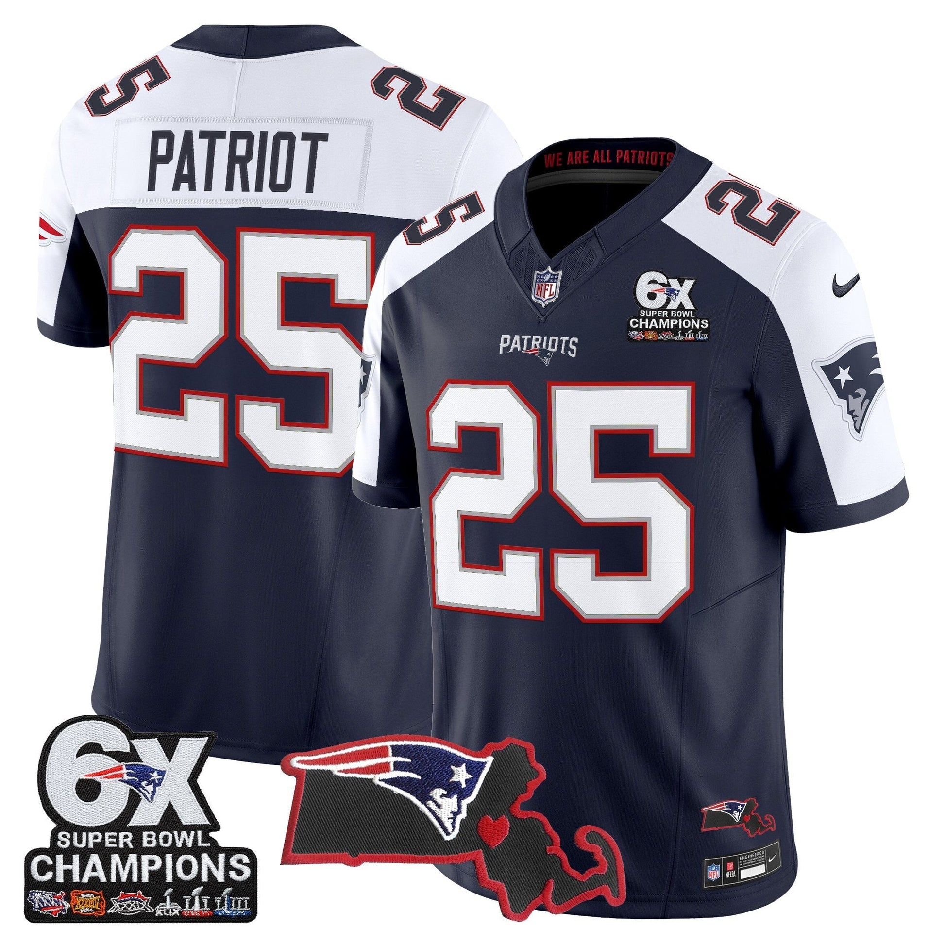 Men's New England Patriots 6-Time Champions & Massachusetts Patch Vapor Limited Jersey - All Stitched