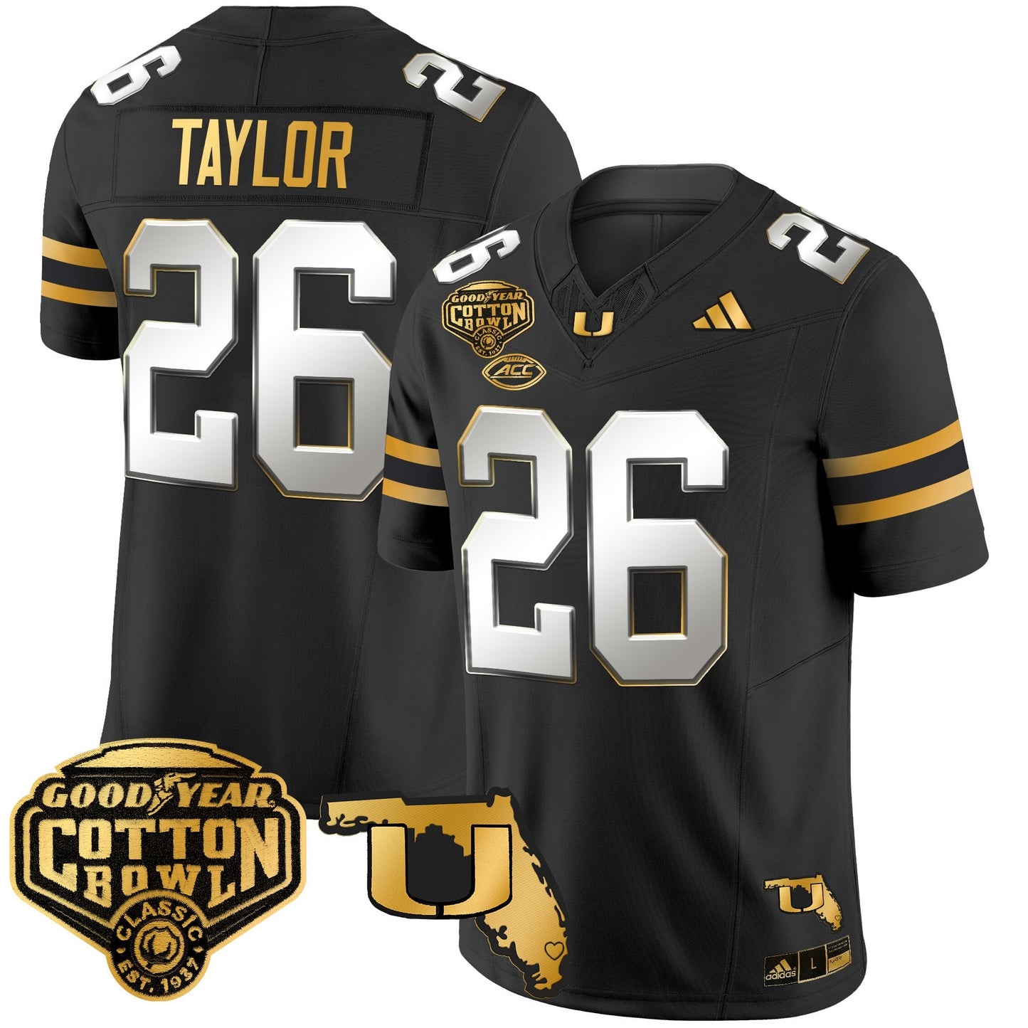 Men's Miami Hurricanes 2025/26 Cotton Bowl & Florida Patch Gold Vapor Limited Jersey - All Stitched