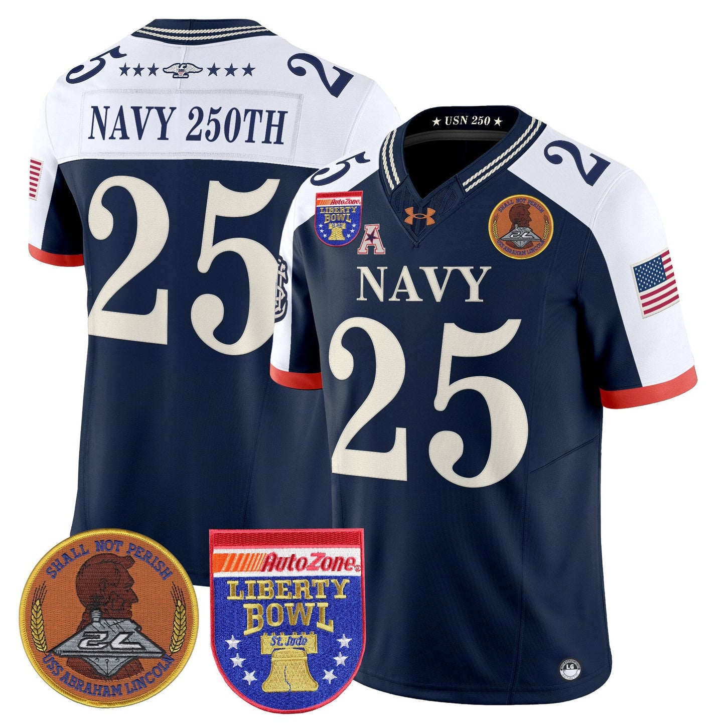 Men's Navy Midshipmen 250th Anniversary Vapor Limited Jersey - 2026 Liberty Bowl Patch - Stitched