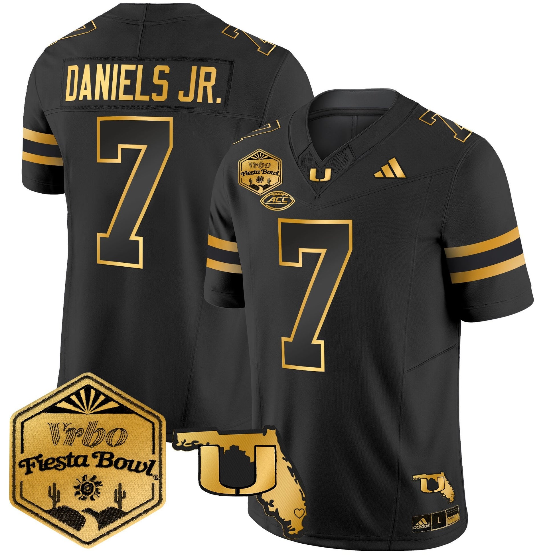 Men's Miami Hurricanes 2026 The Fiesta Bowl & Florida Patch Gold Vapor Limited Jersey - All Stitched