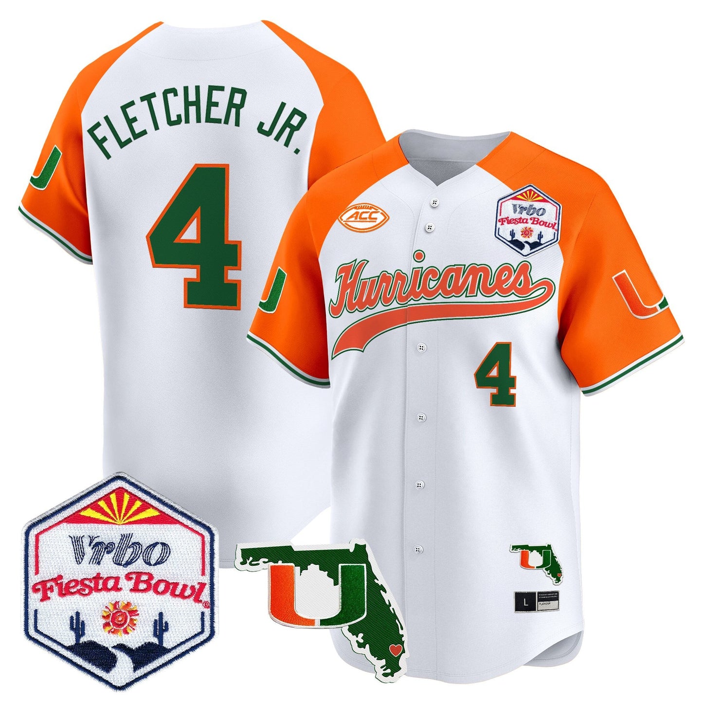Men's Miami Hurricanes 2026 The Fiesta Bowl & Florida Patch Vapor Baseball Jersey - All Stitched