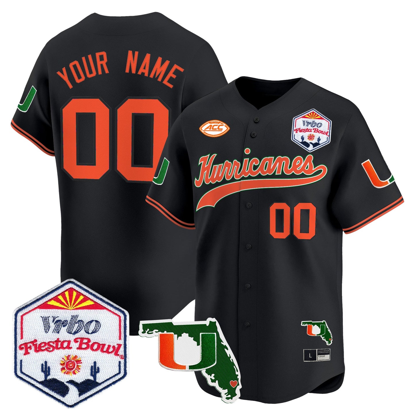 Miami Hurricanes 2026 The Fiesta Bowl & Florida Patch Vapor Baseball Custom Jersey - All Stitched