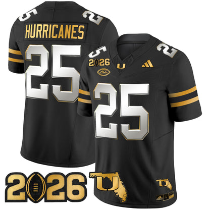 Men's Miami Hurricanes 2026 CFP Final & Florida Patch Gold Vapor Limited Jersey - All Stitched